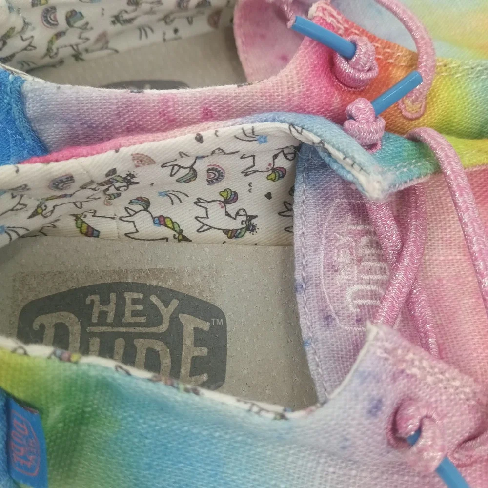 Hey Dude Wendy Youth Rainbow Tie Dye Unicorn Slip On Loafers Shoes Kids Size 12